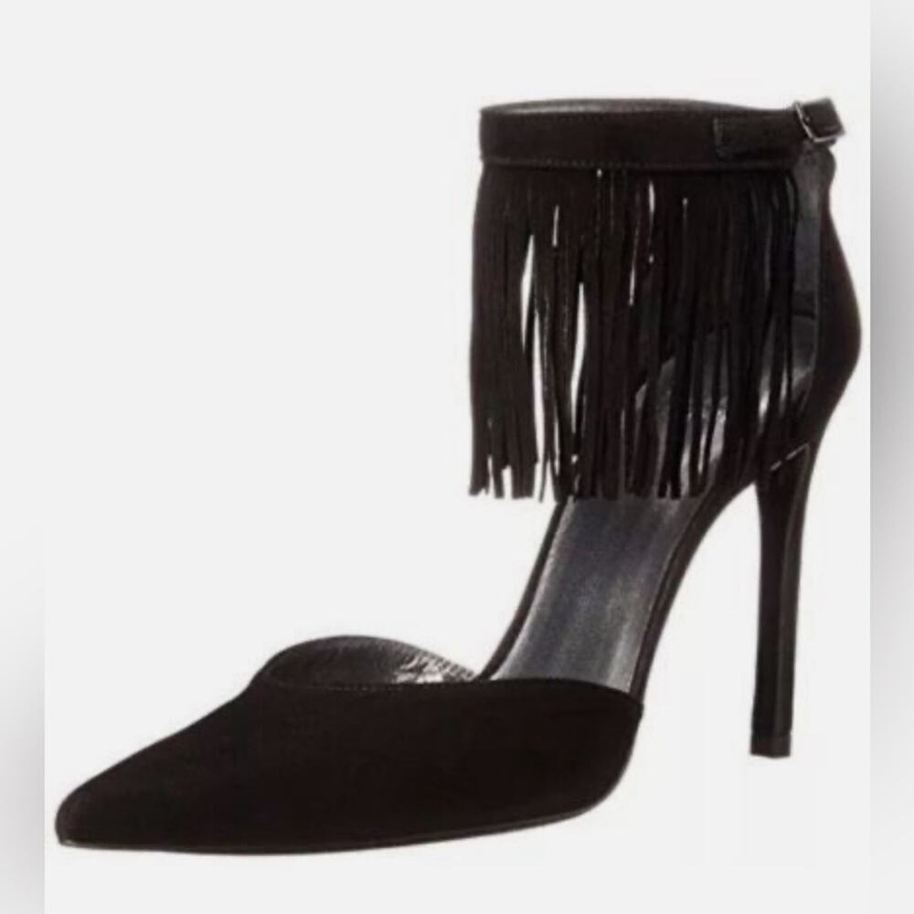 Stuart Weitzman Fringelica Fringe Suede Ankle Strap Pump Black Women Sz 7.5 M - Picture 1 of 16